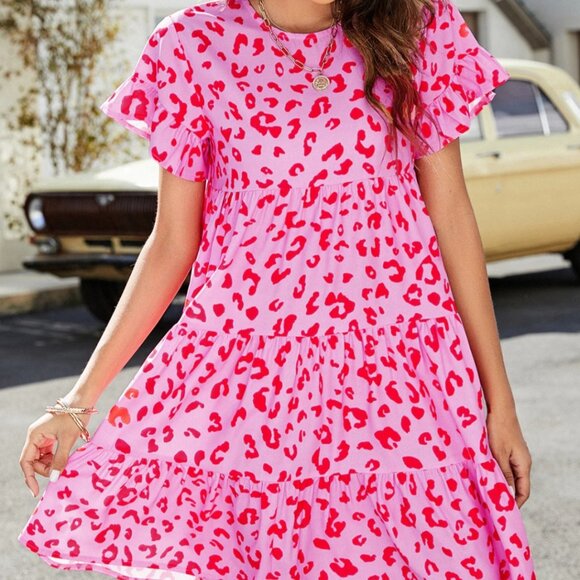 SHEIN Curve Animal Print Red Pink Dress Ruffle Short Sleeve FLAW - Picture 1 of 6